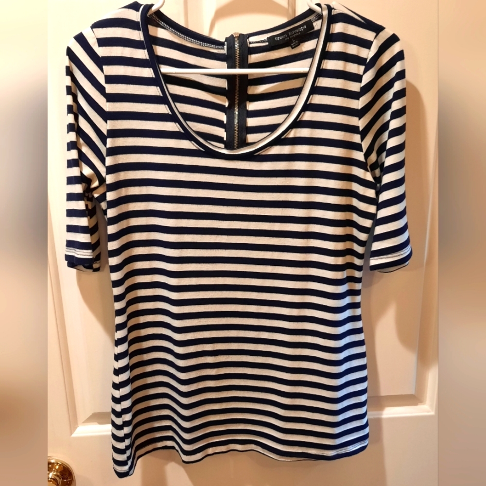 Green Envelope Shirt Womans Large Black White Stripes Back Zip Short Sleeve - Picture 2 of 8